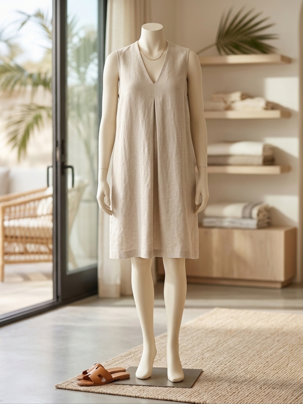 Tommy Bahama Sleeveless V-Neck Linen Shift Dress Neutral Beige  Linen Blend LG